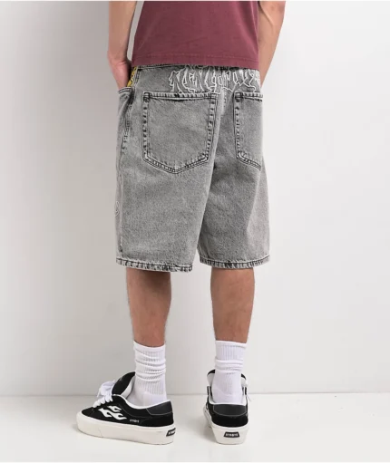 Ninth Hall Waylay Embroidered Grey Wash Denim Shorts