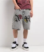 Ninth Hall Waylay Embroidered Grey Wash Denim Shorts