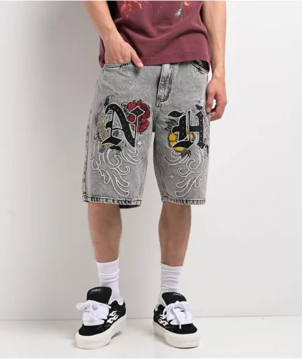 Ninth Hall Waylay Embroidered Grey Wash Denim Shorts